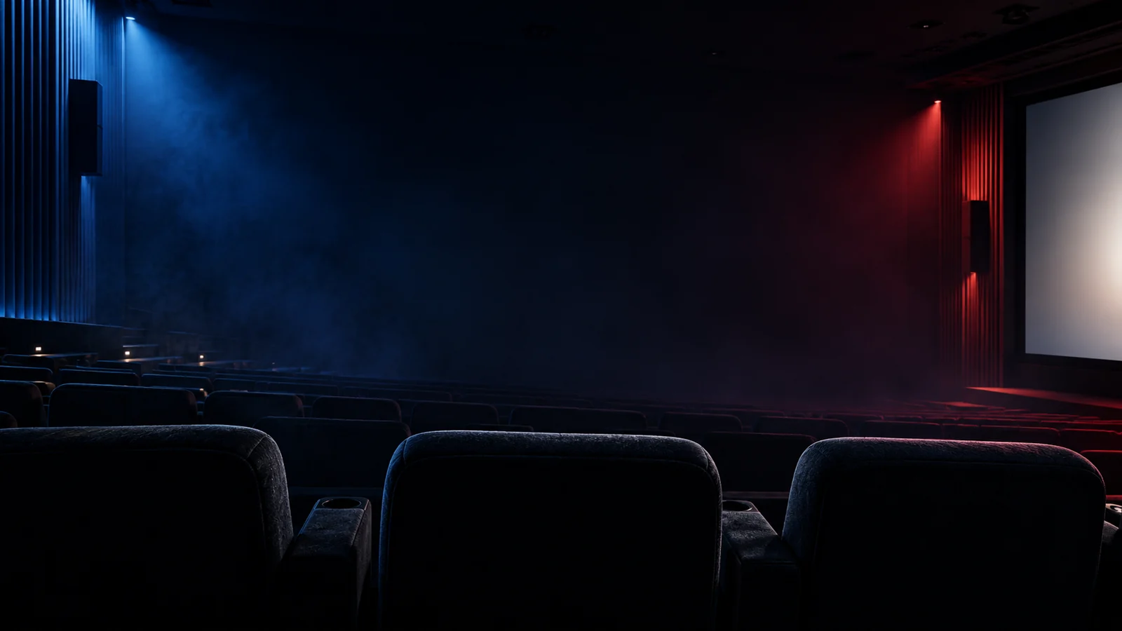 Ambiance de salle de cinéma, fauteuils et éclairage tricolore — illustration originale